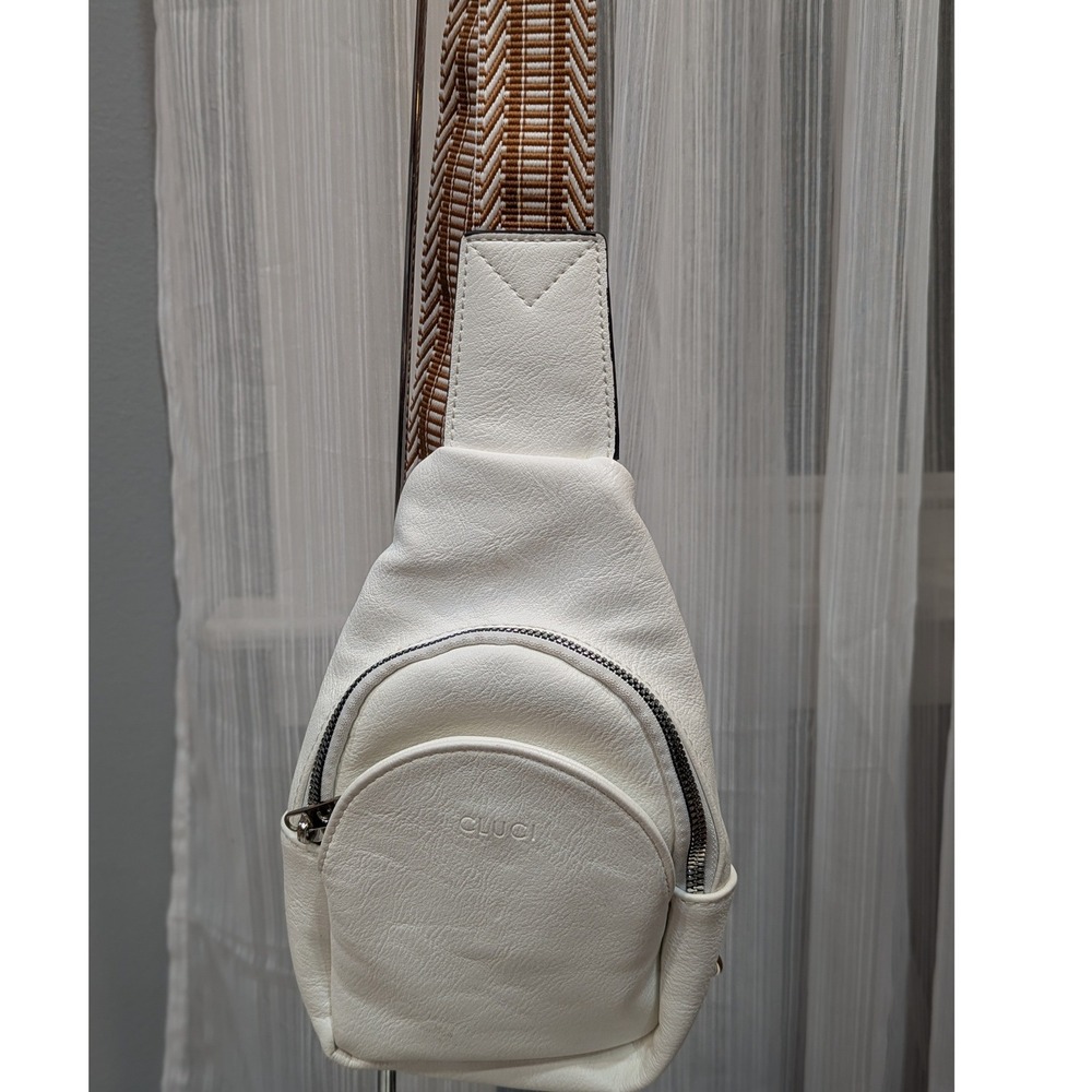 CLUCI White Vegan Faux Leather Sling Bag Crossbody with Woven Guitar Strap